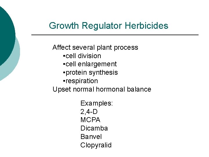Growth Regulator Herbicides Affect several plant process • cell division • cell enlargement •