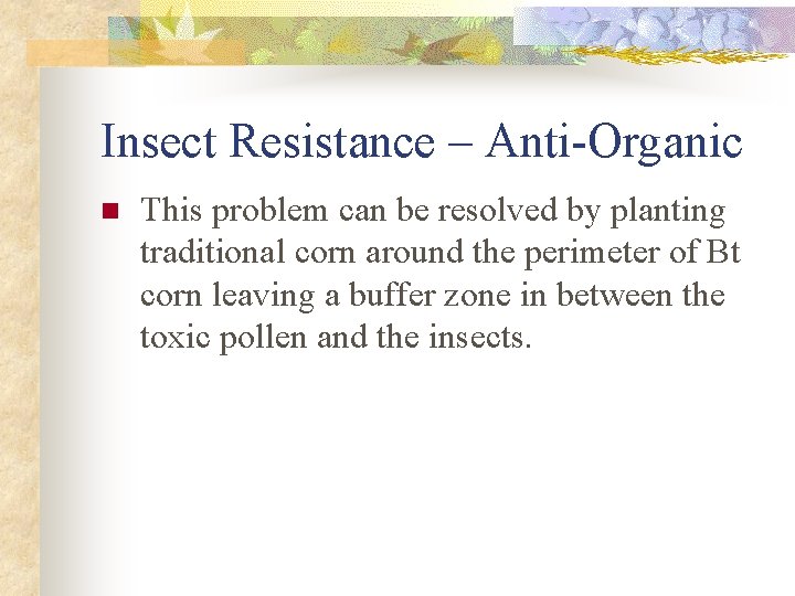 Insect Resistance – Anti-Organic n This problem can be resolved by planting traditional corn