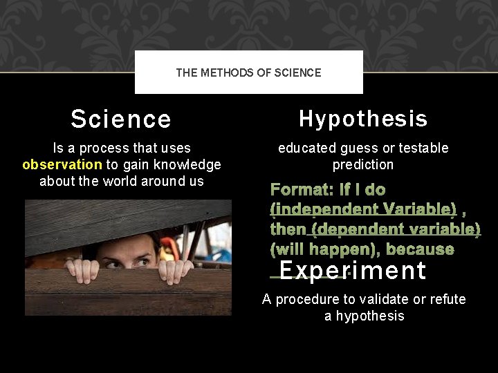 THE METHODS OF SCIENCE Science Hypothesis Is a process that uses observation to gain