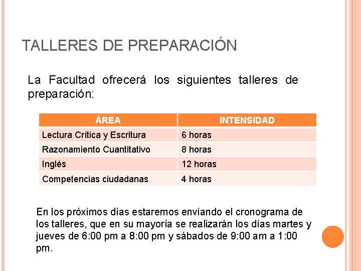 TALLERES DE PREPARACIÓN La Facultad ofrecerá los siguientes talleres de preparación: ÁREA INTENSIDAD Lectura