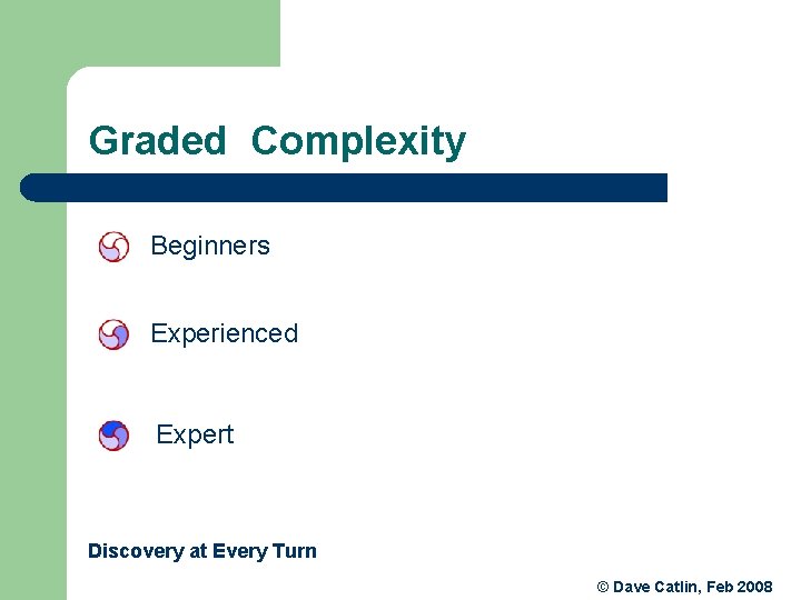 Graded Complexity Beginners Experienced Expert Discovery at Every Turn © Dave Catlin, Feb 2008 Graded Complexity Beginners Experienced Expert Discovery at Every Turn © Dave Catlin, Feb 2008