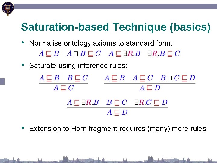 Saturation-based Technique (basics) • Normalise ontology axioms to standard form: • Saturate using inference