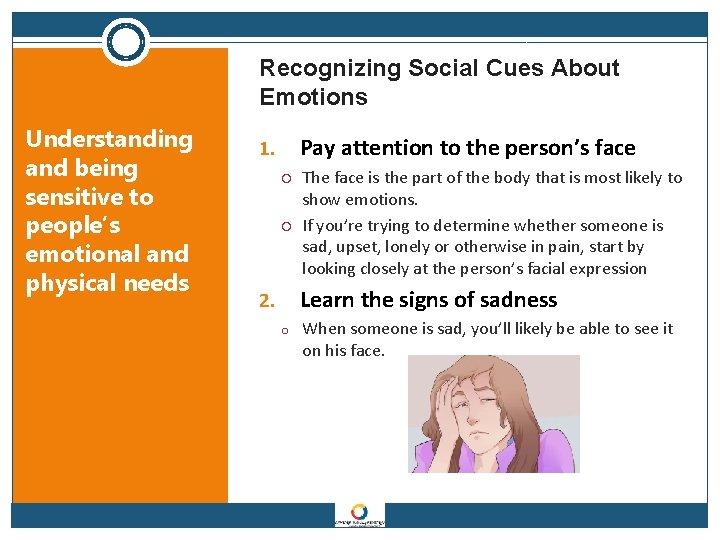 Recognizing Social Cues About Emotions Understanding and being sensitive to people’s emotional and physical
