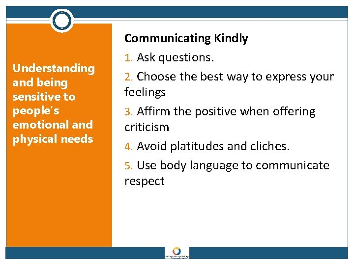 Understanding and being sensitive to people’s emotional and physical needs Communicating Kindly 1. Ask