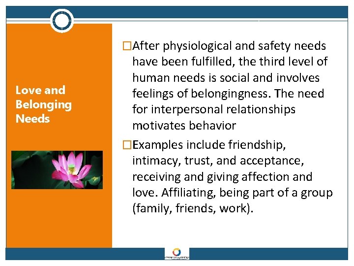 �After physiological and safety needs Love and Belonging Needs have been fulfilled, the third