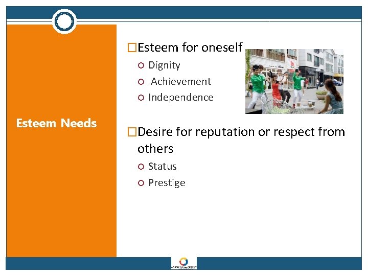 �Esteem for oneself Esteem Needs Dignity Achievement Independence �Desire for reputation or respect from