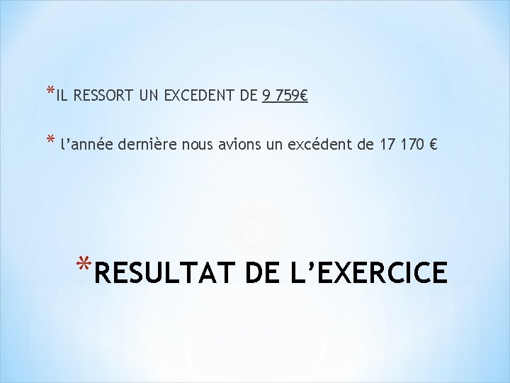 *IL RESSORT UN EXCEDENT DE 9 759€ * l’année dernière nous avions un excédent