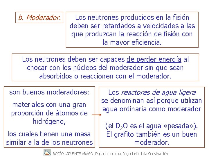 b. Moderador. Los neutrones producidos en la fisión deben ser retardados a velocidades a