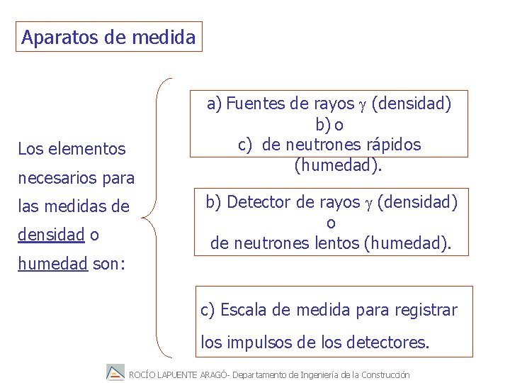 Aparatos de medida Los elementos necesarios para las medidas de densidad o humedad son: