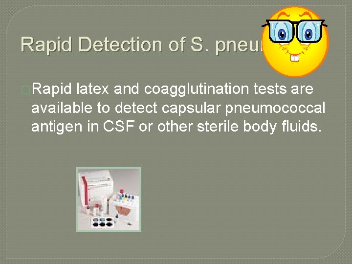 Rapid Detection of S. pneumoniae �Rapid latex and coagglutination tests are available to detect