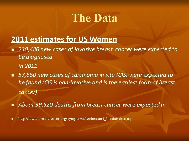 The Data 2011 estimates for US Women n n 230, 480 new cases of