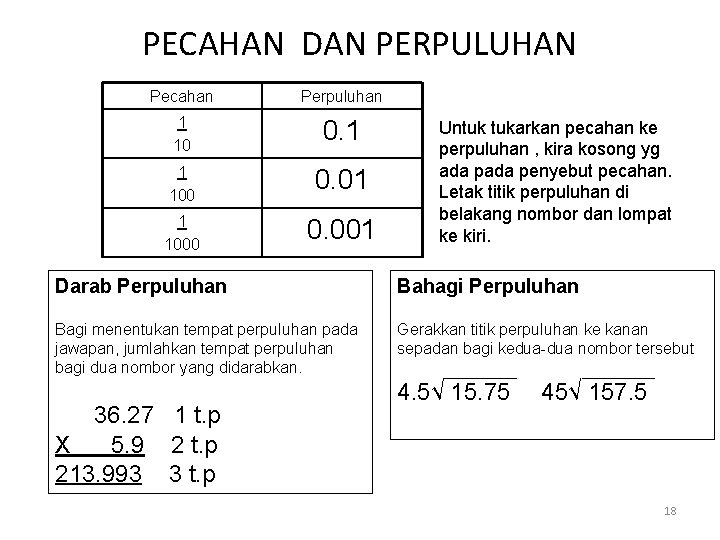 PECAHAN DAN PERPULUHAN Pecahan Perpuluhan 1 10 0. 1 1 100 0. 01 1