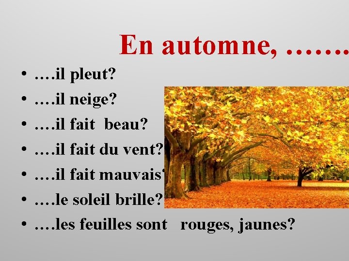 En automne, ……. • • …. il pleut? …. il neige? …. il fait