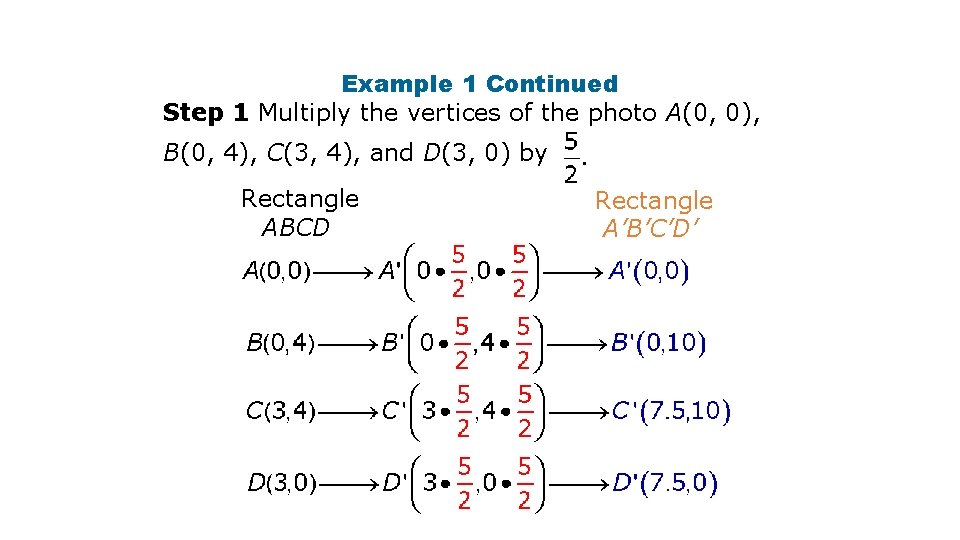 Example 1 Continued Step 1 Multiply the vertices of the photo A(0, 0), B(0,