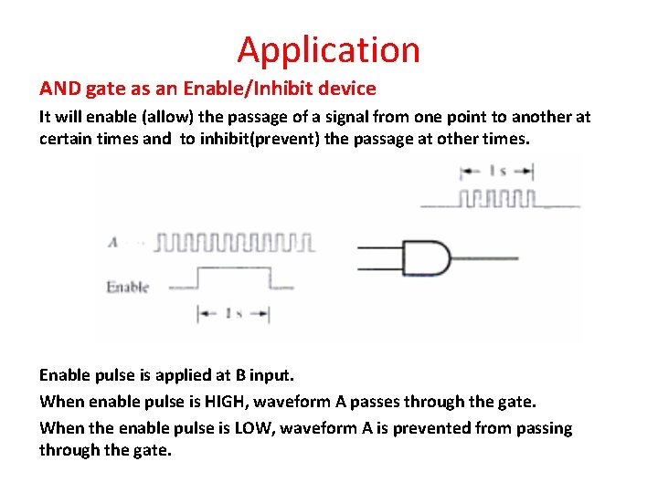 Application AND gate as an Enable/Inhibit device It will enable (allow) the passage of