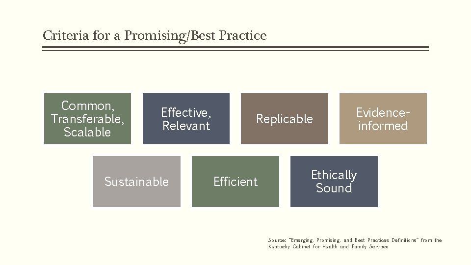 Criteria for a Promising/Best Practice Common, Transferable, Scalable Effective, Relevant Sustainable Replicable Efficient Evidenceinformed