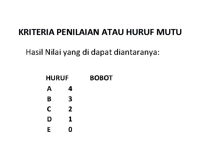 KRITERIA PENILAIAN ATAU HURUF MUTU Hasil Nilai yang di dapat diantaranya: HURUF A 4