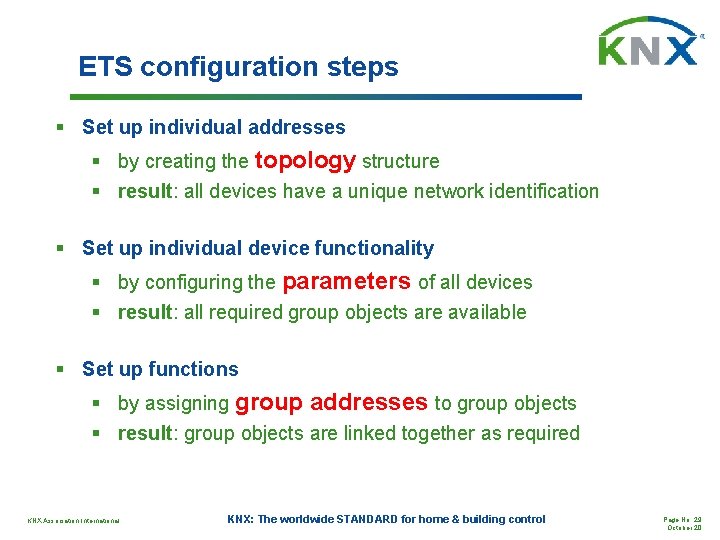 ETS configuration steps § Set up individual addresses § by creating the topology structure