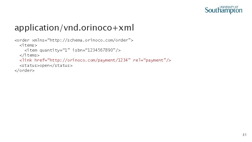 application/vnd. orinoco+xml <order xmlns=“http: //schema. orinoco. com/order”> <items> <item quantity=“ 1” isbn=“ 1234567890”/> </items>