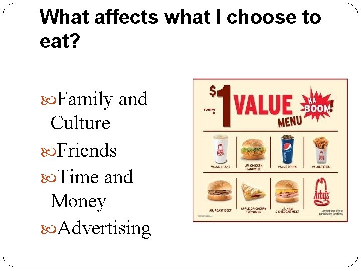 What affects what I choose to eat? Family and Culture Friends Time and Money