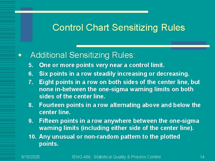 Control Chart Sensitizing Rules w Additional Sensitizing Rules: One or more points very near