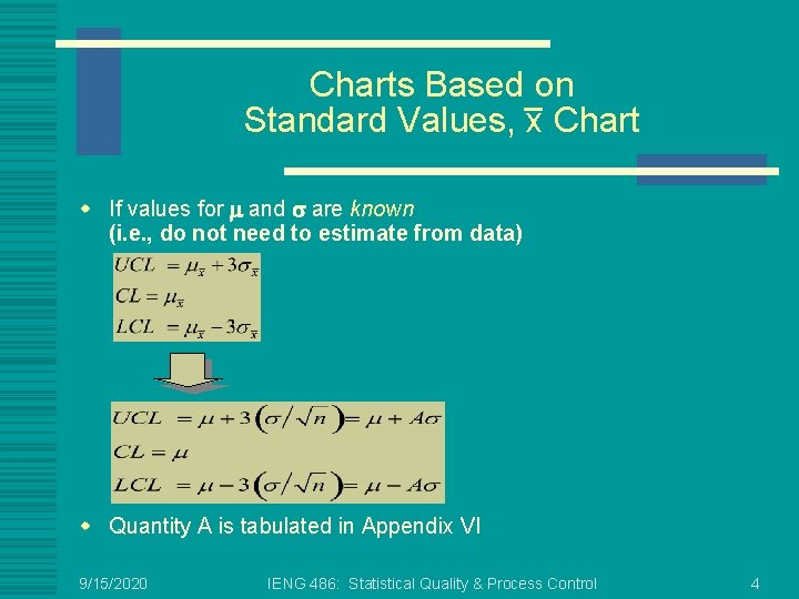 Charts Based on Standard Values, x Chart w If values for m and s