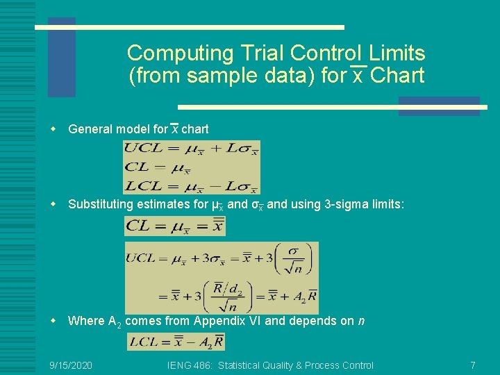 Computing Trial Control Limits (from sample data) for x Chart w General model for