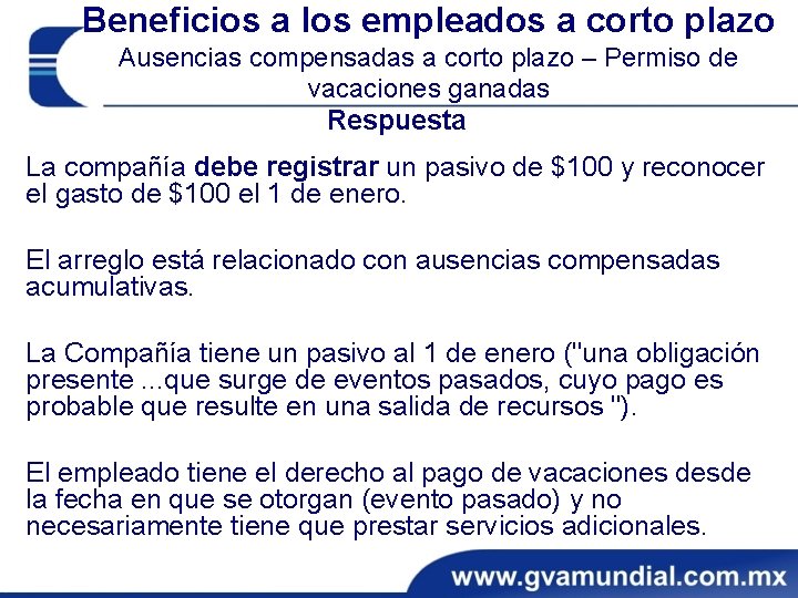 Beneficios a los empleados a corto plazo Ausencias compensadas a corto plazo – Permiso