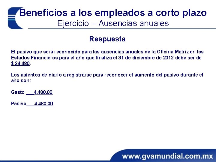 Beneficios a los empleados a corto plazo Ejercicio – Ausencias anuales Respuesta El pasivo
