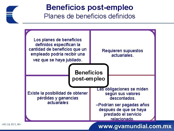 Beneficios post-empleo Planes de beneficios definidos Los planes de beneficios definidos especifican la cantidad