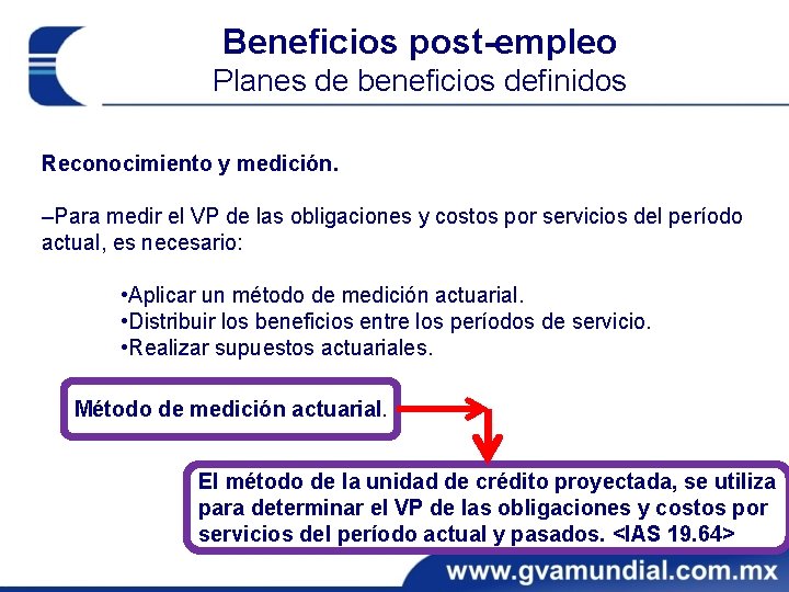 Beneficios post-empleo Planes de beneficios definidos Reconocimiento y medición. ‒Para medir el VP de