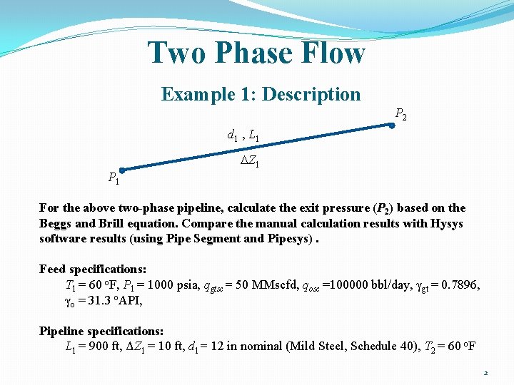 Two Phase Flow Example 1: Description P 2 d 1 , L 1 DZ