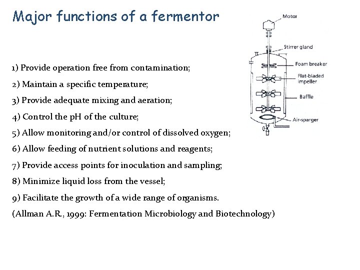 Major functions of a fermentor 1) Provide operation free from contamination; 2) Maintain a