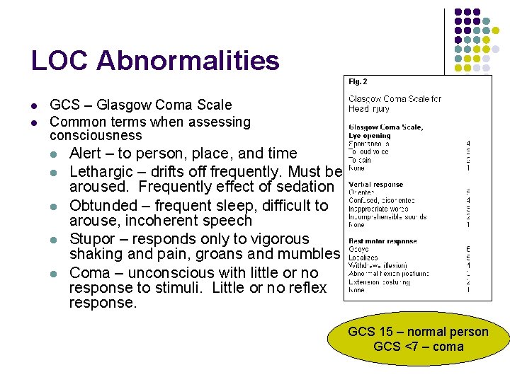 LOC Abnormalities l l GCS – Glasgow Coma Scale Common terms when assessing consciousness