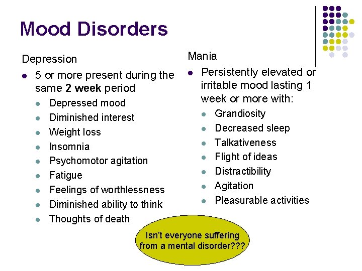 Mood Disorders Depression l 5 or more present during the same 2 week period