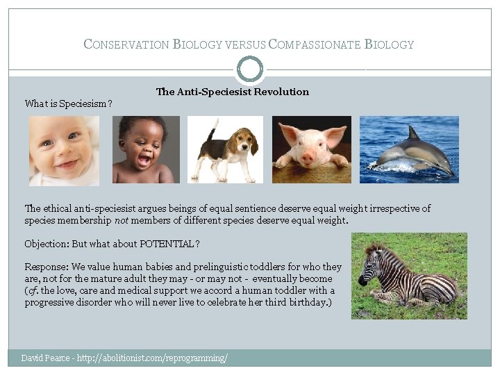 CONSERVATION BIOLOGY VERSUS COMPASSIONATE BIOLOGY The Anti-Speciesist Revolution What is Speciesism? The ethical anti-speciesist