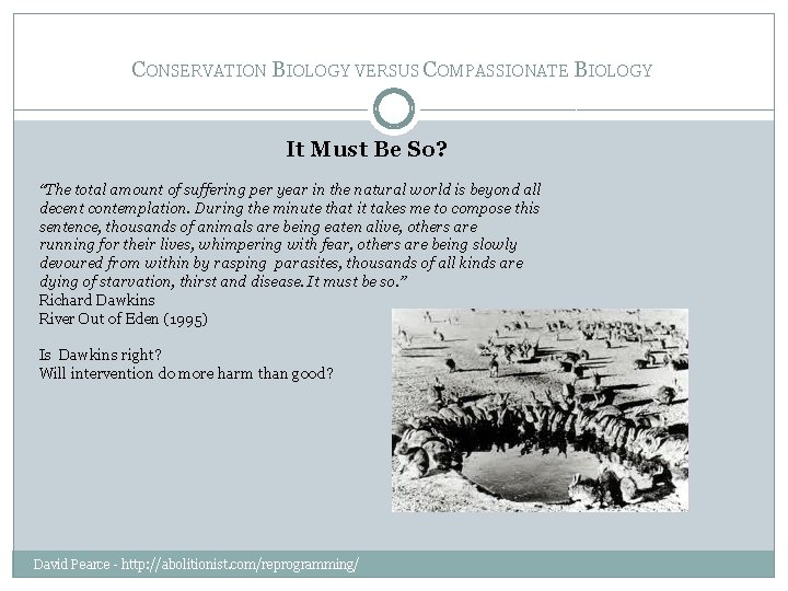 CONSERVATION BIOLOGY VERSUS COMPASSIONATE BIOLOGY It Must Be So? “The total amount of suffering