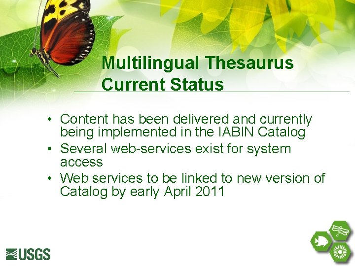 Multilingual Thesaurus Current Status • Content has been delivered and currently being implemented in