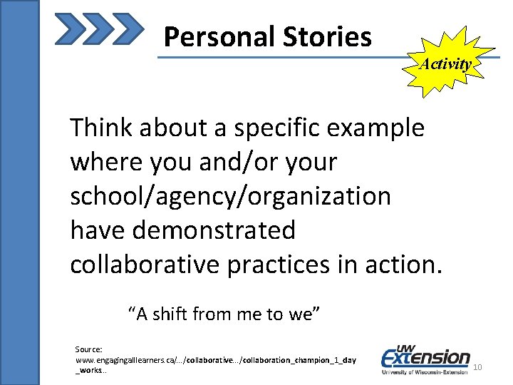 Personal Stories Activity Think about a specific example where you and/or your school/agency/organization have