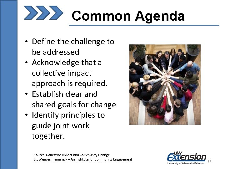Common Agenda • Define the challenge to be addressed • Acknowledge that a collective
