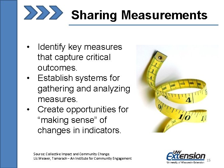 Sharing Measurements • Identify key measures that capture critical outcomes. • Establish systems for