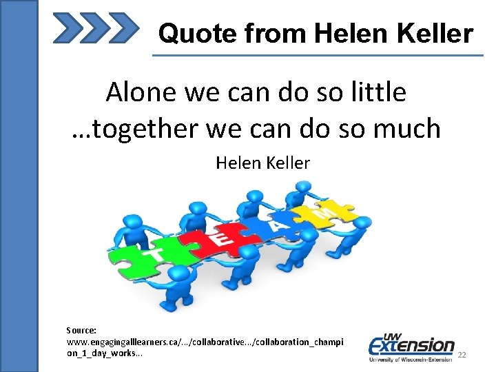Quote from Helen Keller Alone we can do so little …together we can do