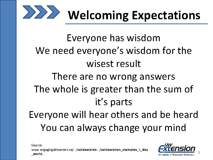 Welcoming Expectations Everyone has wisdom We need everyone’s wisdom for the wisest result There