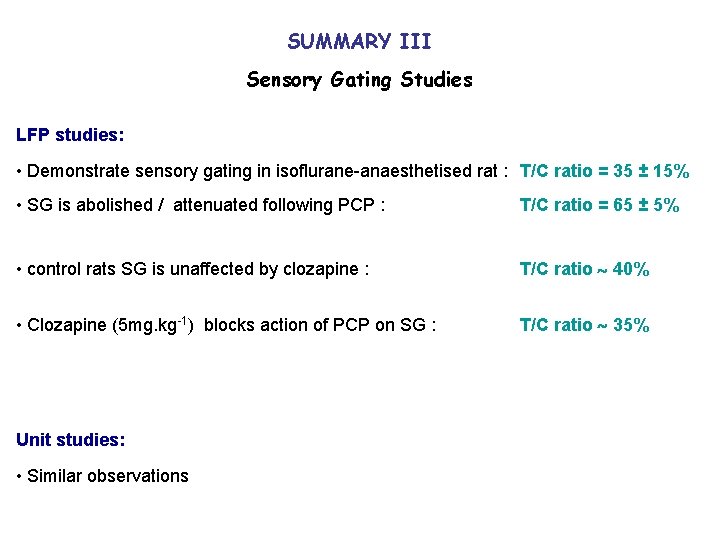 SUMMARY III Sensory Gating Studies LFP studies: • Demonstrate sensory gating in isoflurane-anaesthetised rat