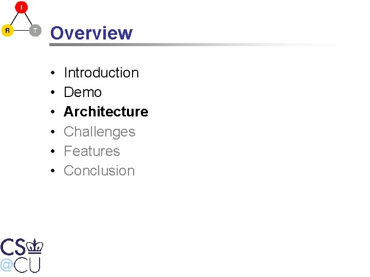 Overview • • • Introduction Demo Architecture Challenges Features Conclusion 