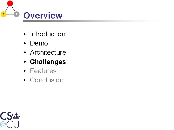 Overview • • • Introduction Demo Architecture Challenges Features Conclusion 