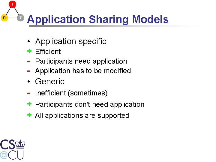 Application Sharing Models • + + Application specific Efficient Participants need application Application has