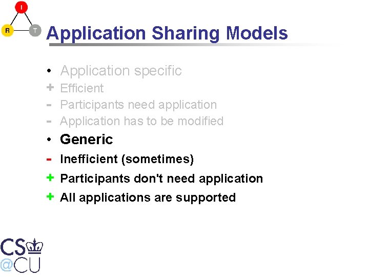 Application Sharing Models • + + Application specific Efficient Participants need application Application has