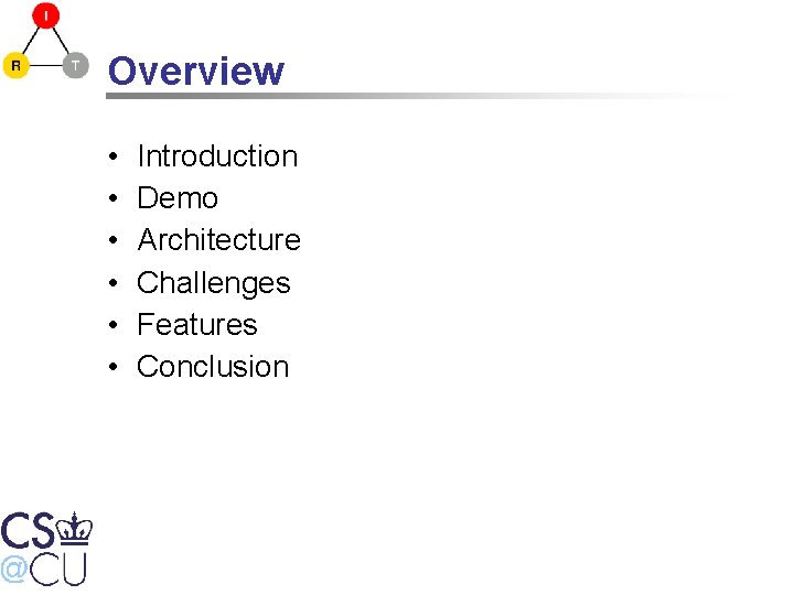 Overview • • • Introduction Demo Architecture Challenges Features Conclusion 