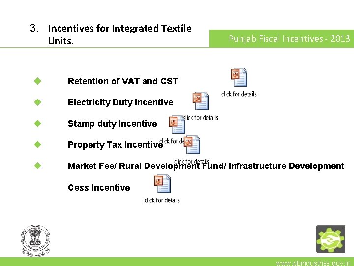 3. Incentives for Integrated Textile Units. Punjab Fiscal Incentives - 2013 u Retention of